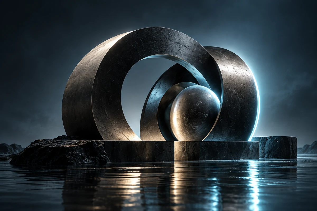 Abstract sculptural rings in dark stone with a blue edge of light, the visual identity for Aurora Affiliates