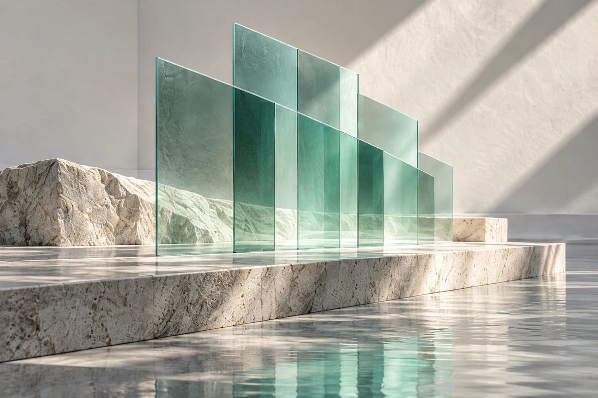 Abstract jade glass architecture on pale stone, the visual identity for Phi HCM